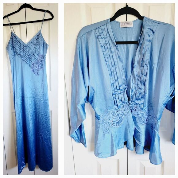 Lily Of France M Vintage 60's Long Nightgown Robe Blue‎ Set Union Made USA Lace - Picture 1 of 16